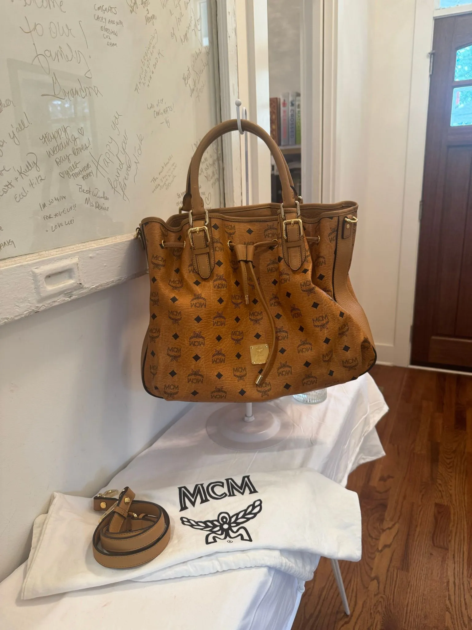 Authenticated Large Cognac MCM Drawstring Tote Bag — pre-owned luxury designer bag | LaceLuxx