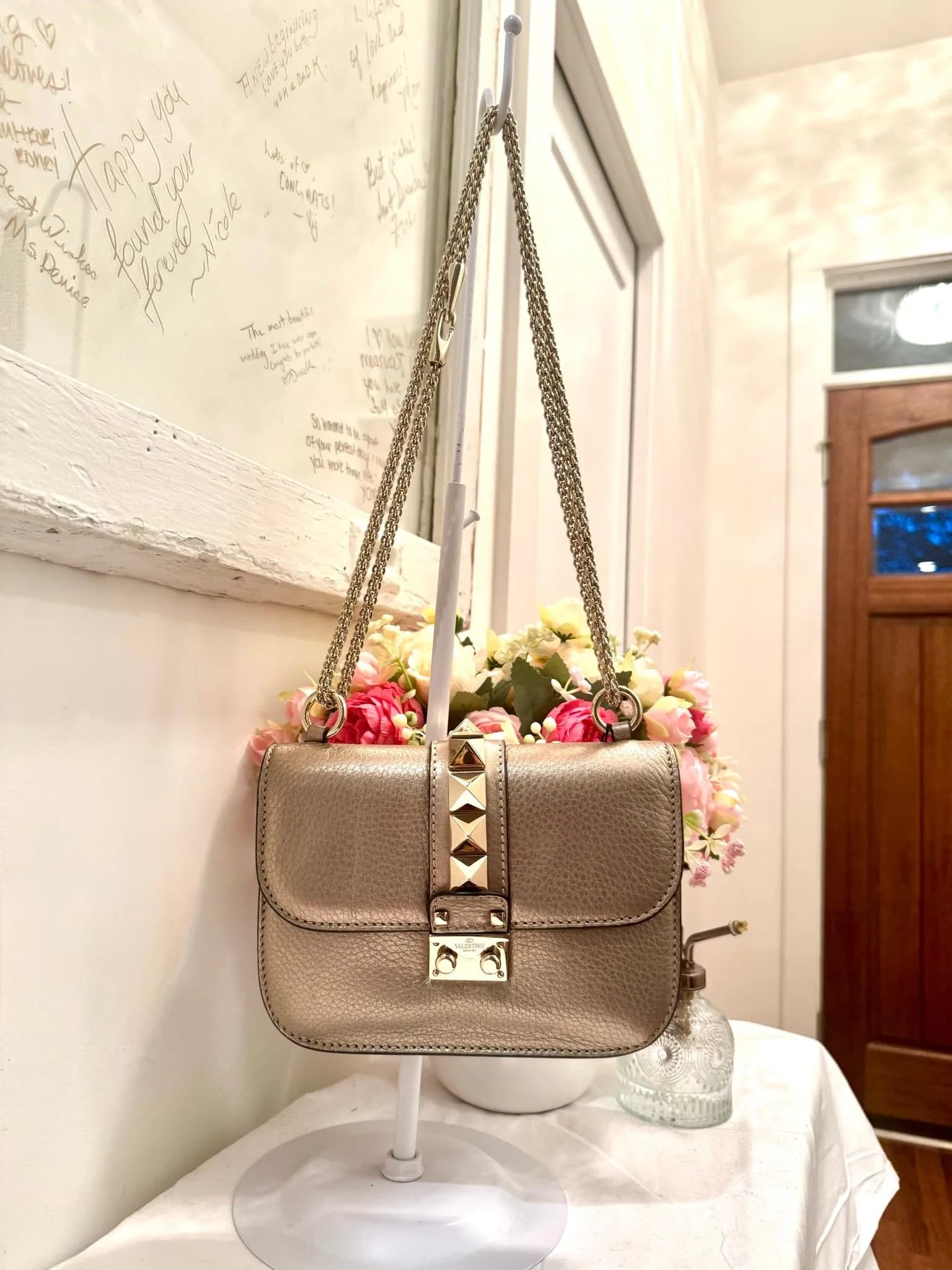 Authenticated Metallic Gold Valentino Rockstud Crossbody — pre-owned luxury designer Valentino bag | LaceLuxx