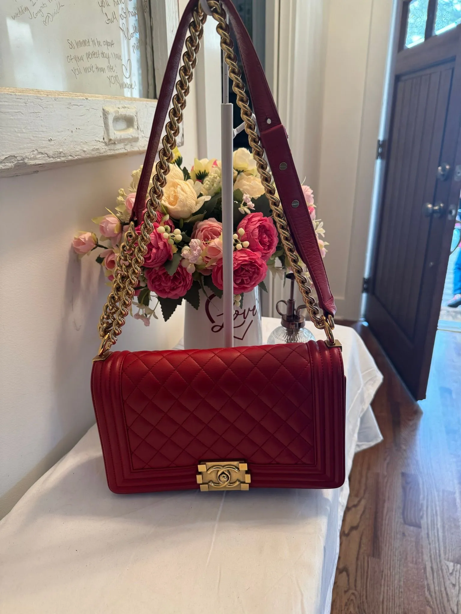 Authenticated Red Chanel Quilted Lambskin Medium Boy Bag — pre-owned luxury designer bag | LaceLuxx