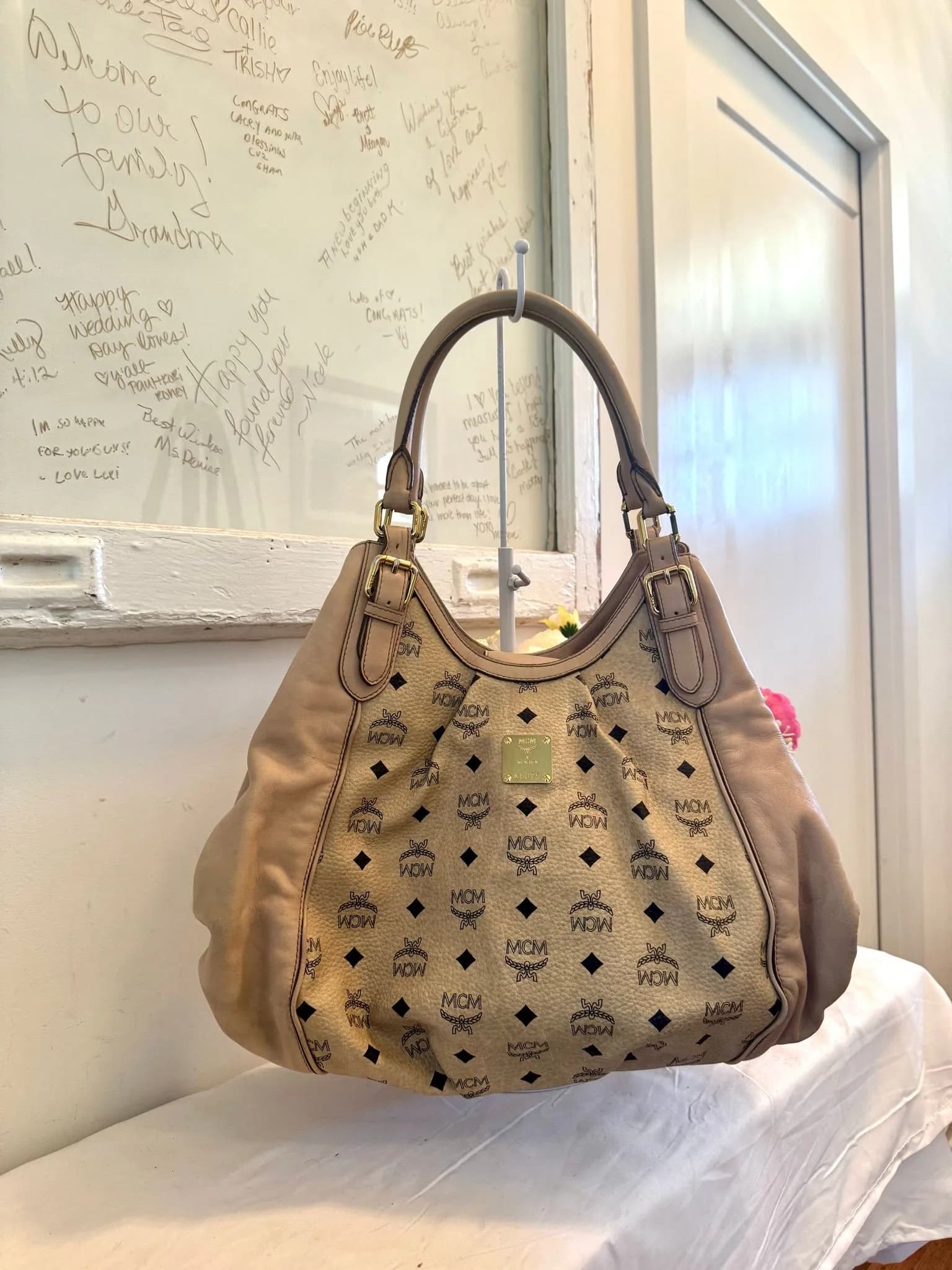 Authenticated Beige Visetos MCM Hobo Shoulder Bag — pre-owned luxury designer bag | LaceLuxx