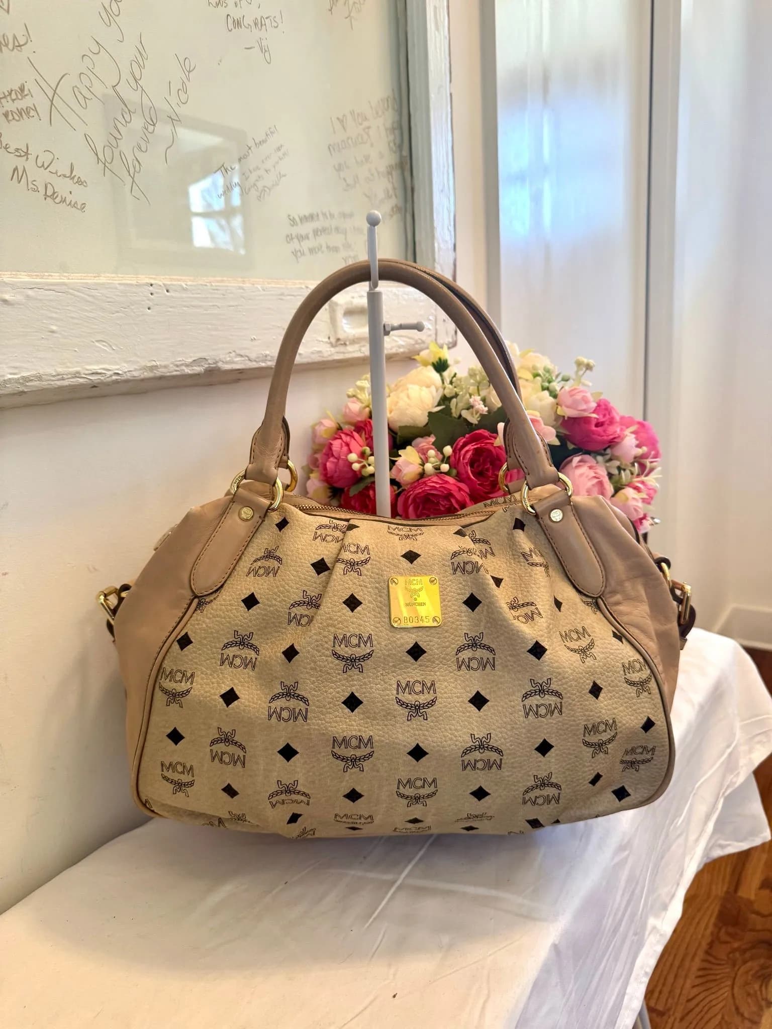 Authenticated Beige Visetos MCM Shoulder Bag — pre-owned luxury designer bag | LaceLuxx