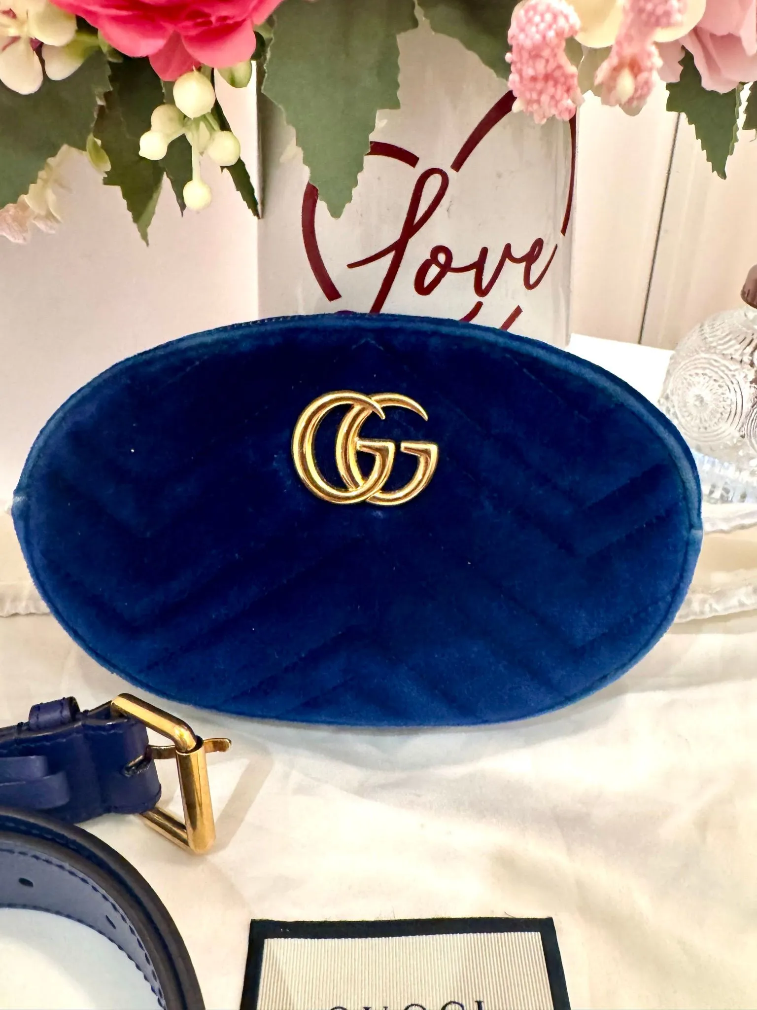 Authenticated Blue Velvet Gucci Marmont Oval Belt Bag — pre-owned luxury designer bag | LaceLuxx