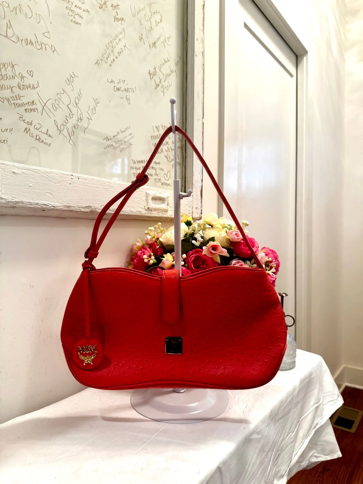 Authenticated Orange MCM Ostrich Leather Shoulder Bag — pre-owned luxury designer bag | LaceLuxx