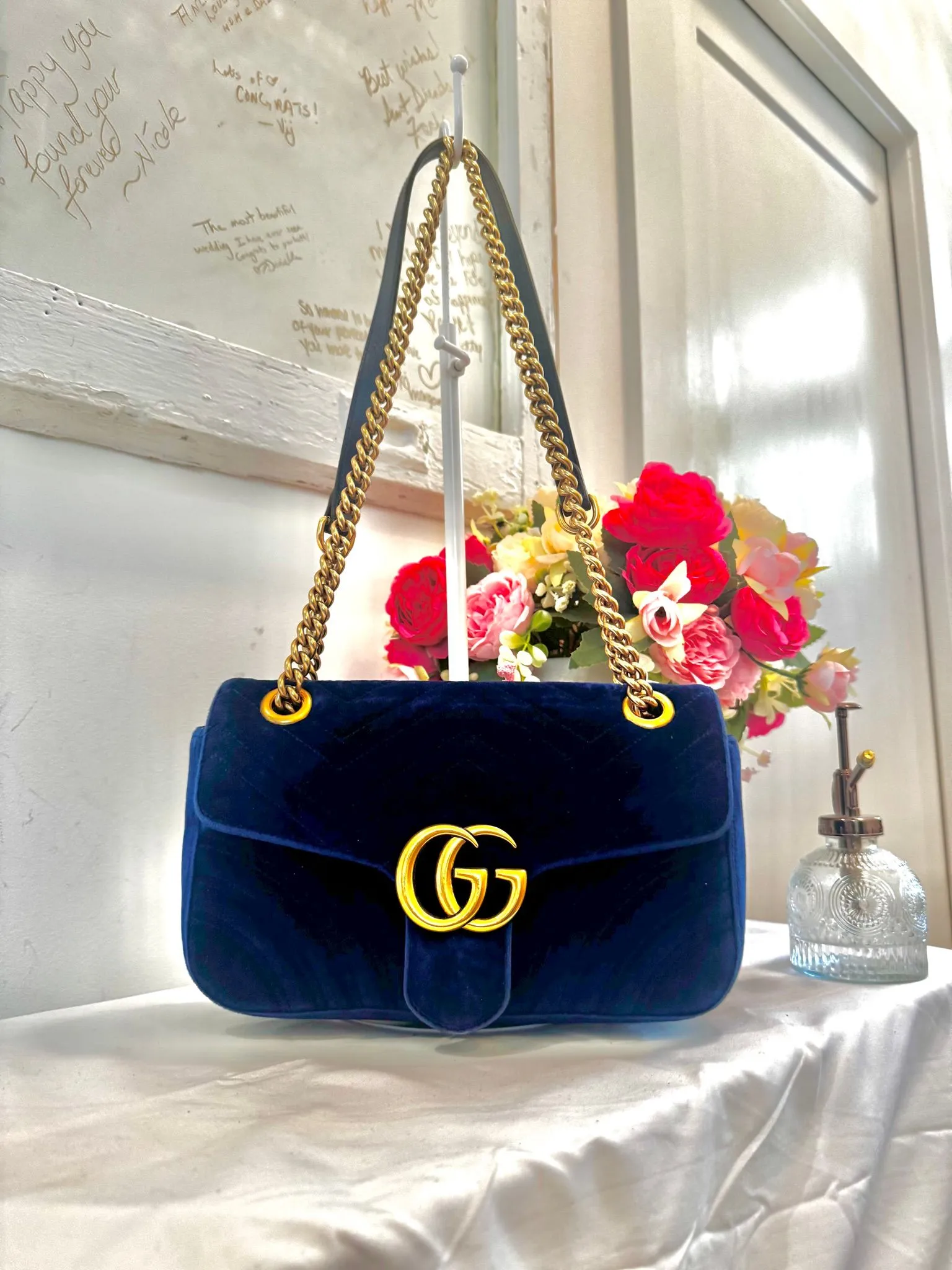 Authenticated Blue Velvet Gucci Marmont Bag — pre-owned luxury designer bag | LaceLuxx