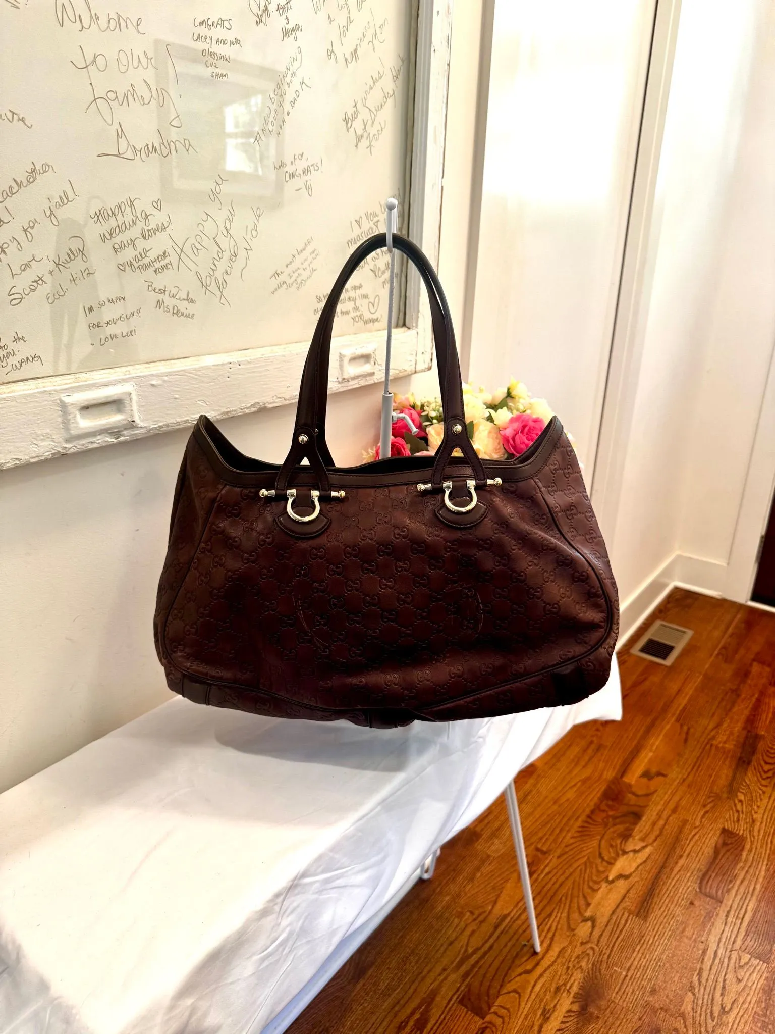 Authenticated Brown Gucci Monogram Embossed Shoulder Bag — pre-owned luxury designer bag | LaceLuxx