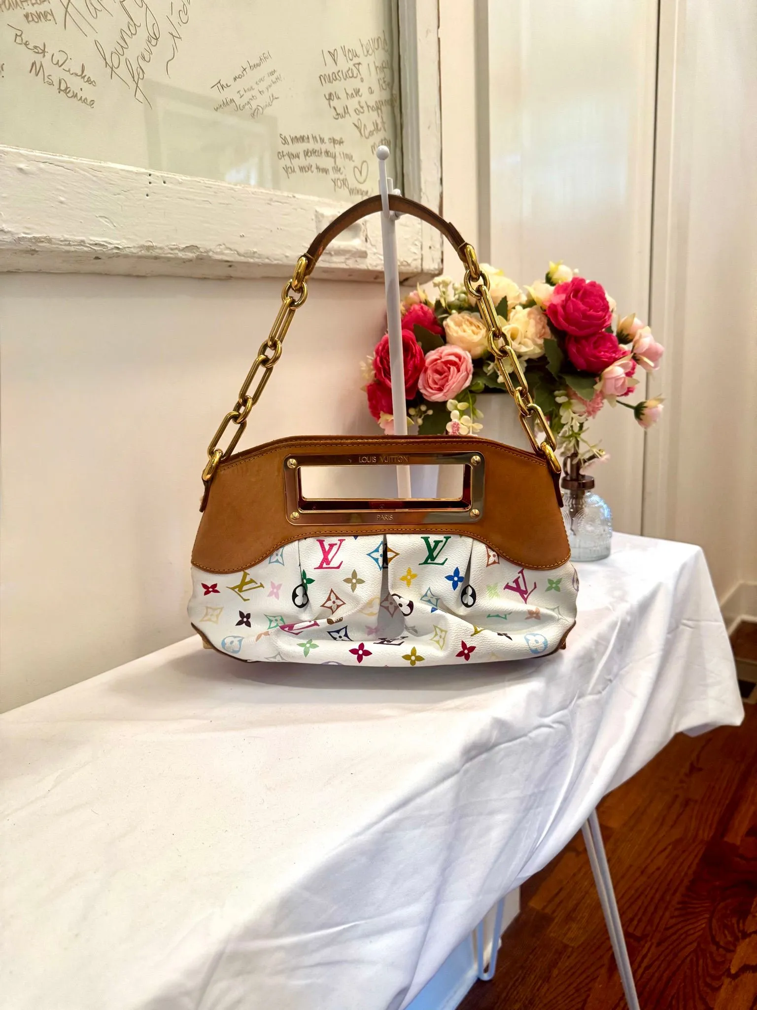 Authenticated White Louis Vuitton Murakami Judy PM — pre-owned luxury designer bag | LaceLuxx