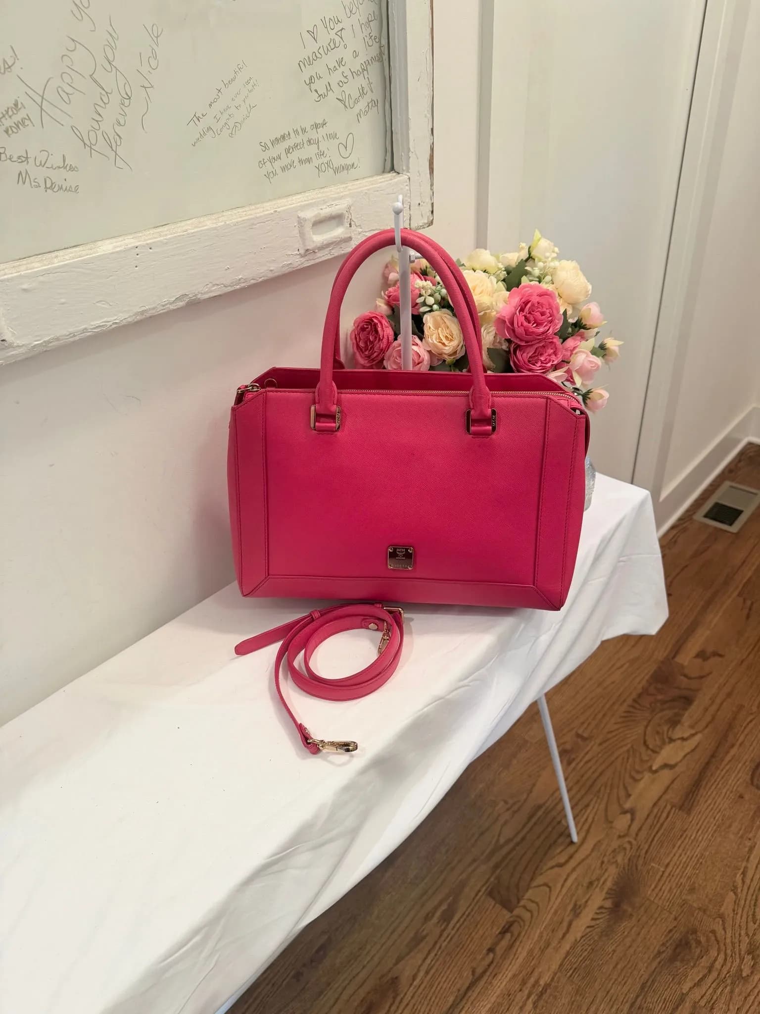 Authenticated Pink MCM Structured 2Way Bag — pre-owned luxury designer bag | LaceLuxx