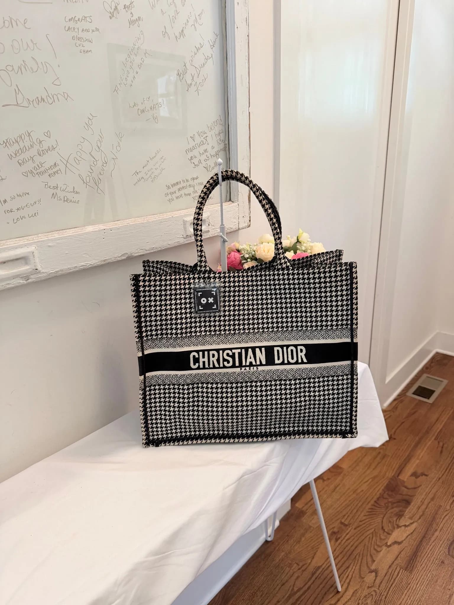 Authenticated Houndstooth Embroidered Dior Large Book Tote — pre-owned luxury designer bag | LaceLuxx
