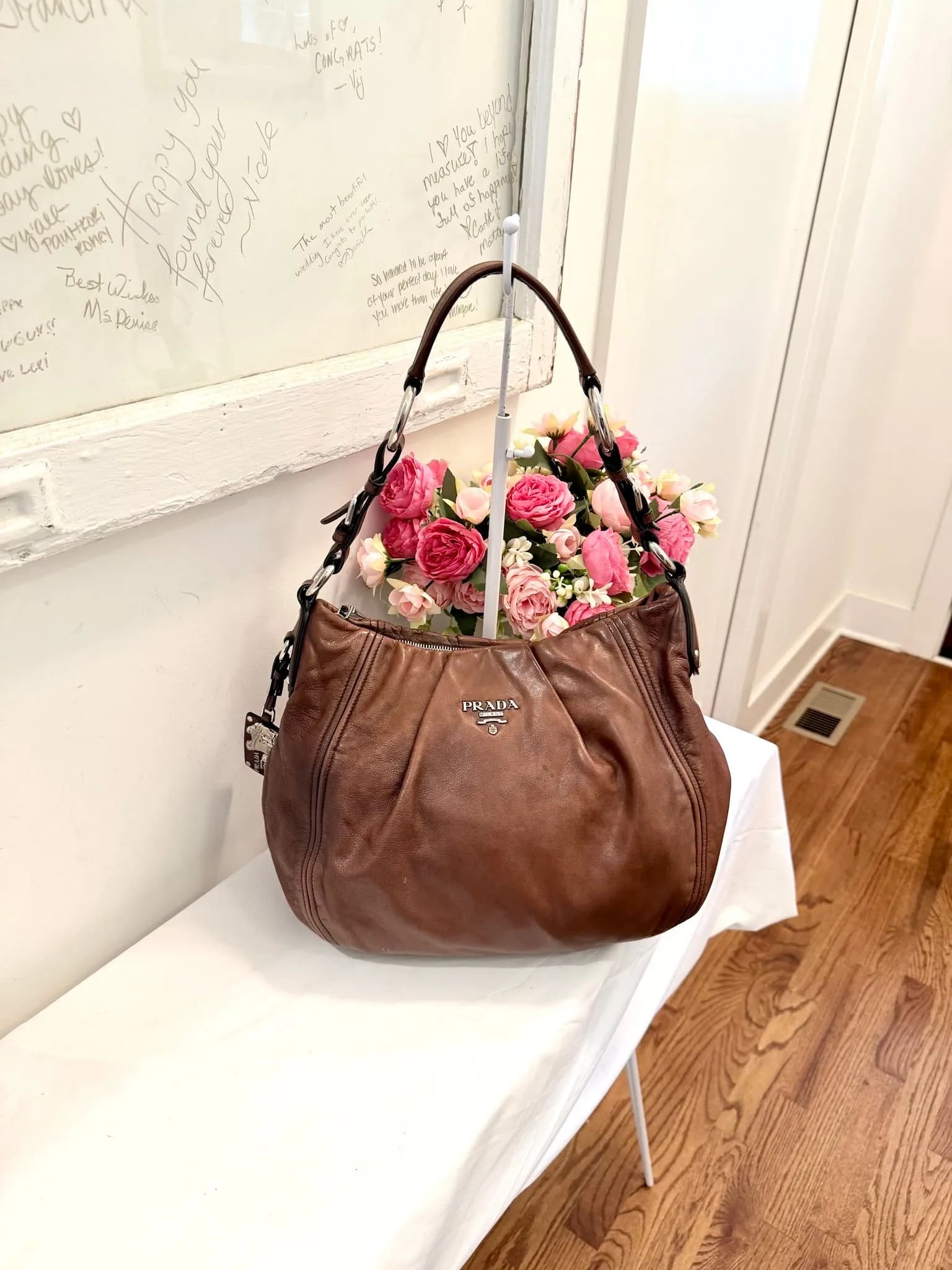 Authenticated Cognac Calfskin Prada Hobo Shoulder Bag — pre-owned luxury designer bag | LaceLuxx