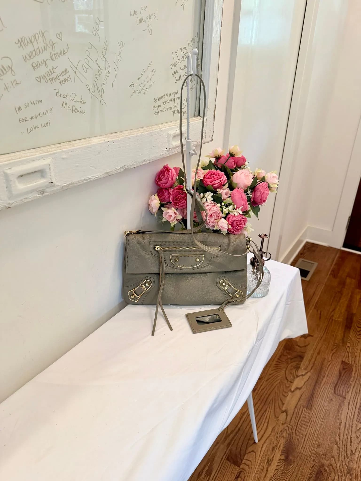 Authenticated Olive Green Balenciaga Envelope Clutch Crossbody with Gold Hardware — pre-owned luxury designer bag | LaceLuxx