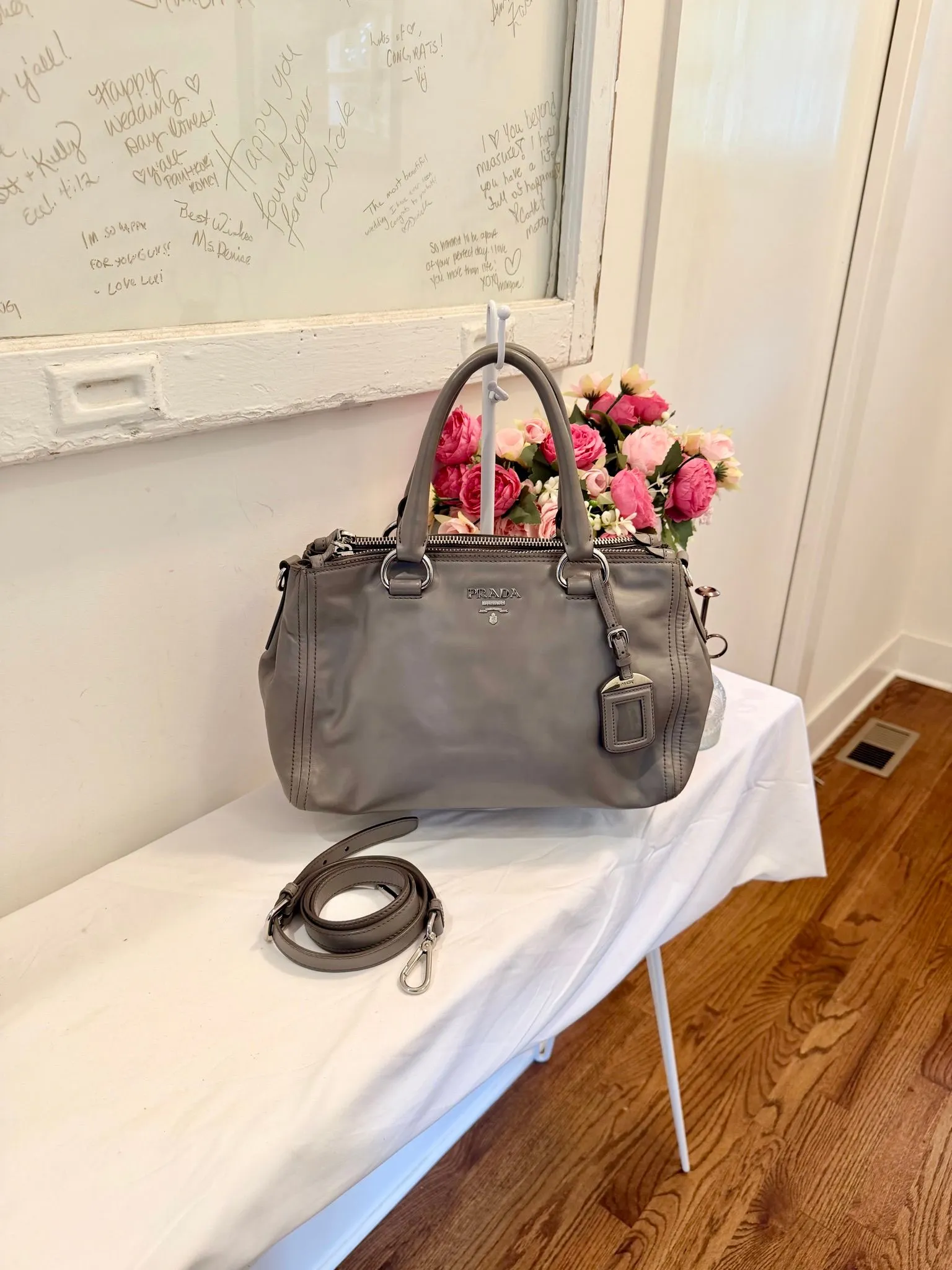 Authenticated Grey Calfskin Prada Shoulder Bag — pre-owned luxury designer bag | LaceLuxx