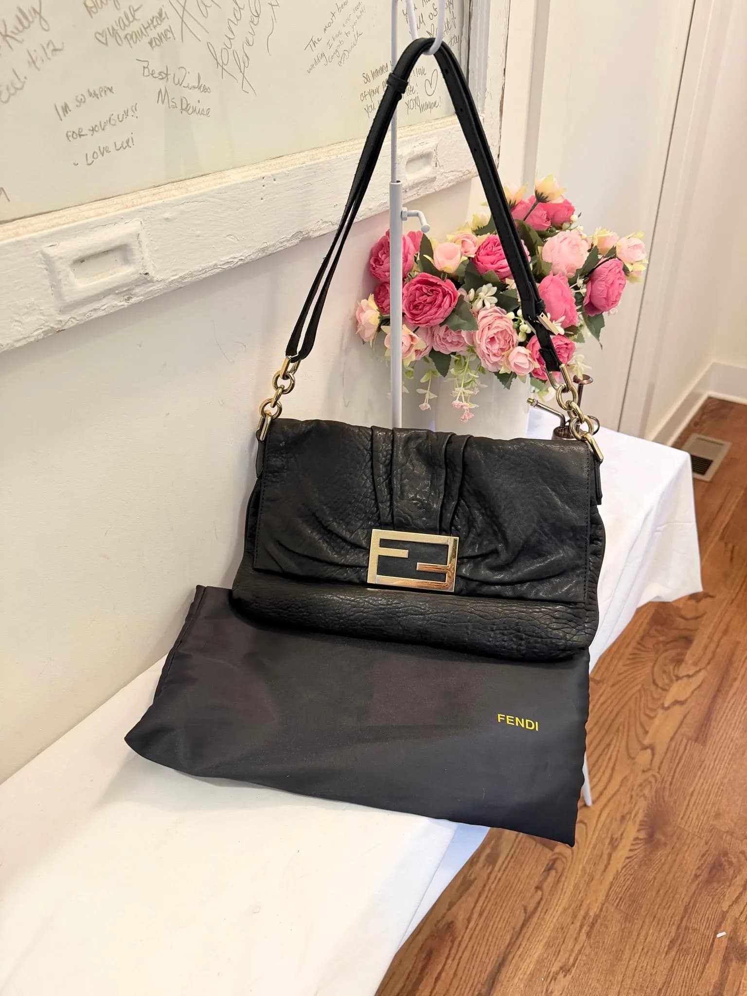Authenticated Black Fendi Mia Flap Shoulder Bag with Gold Hardware — pre-owned luxury designer bag | LaceLuxx