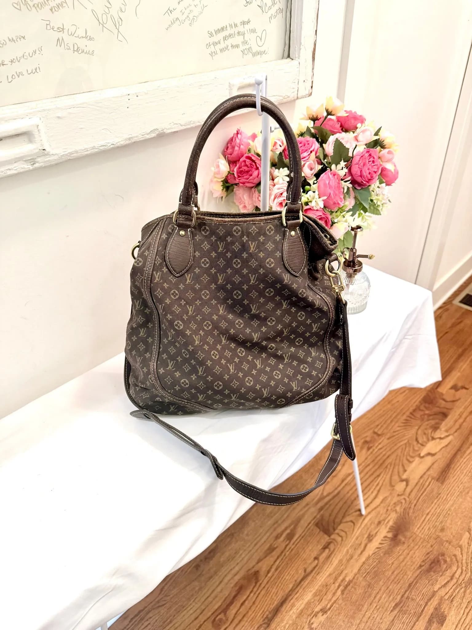 Authenticated Louis Vuitton Brown Mini Lin Besace Angele 2Way Bag — pre-owned luxury designer bag | LaceLuxx
