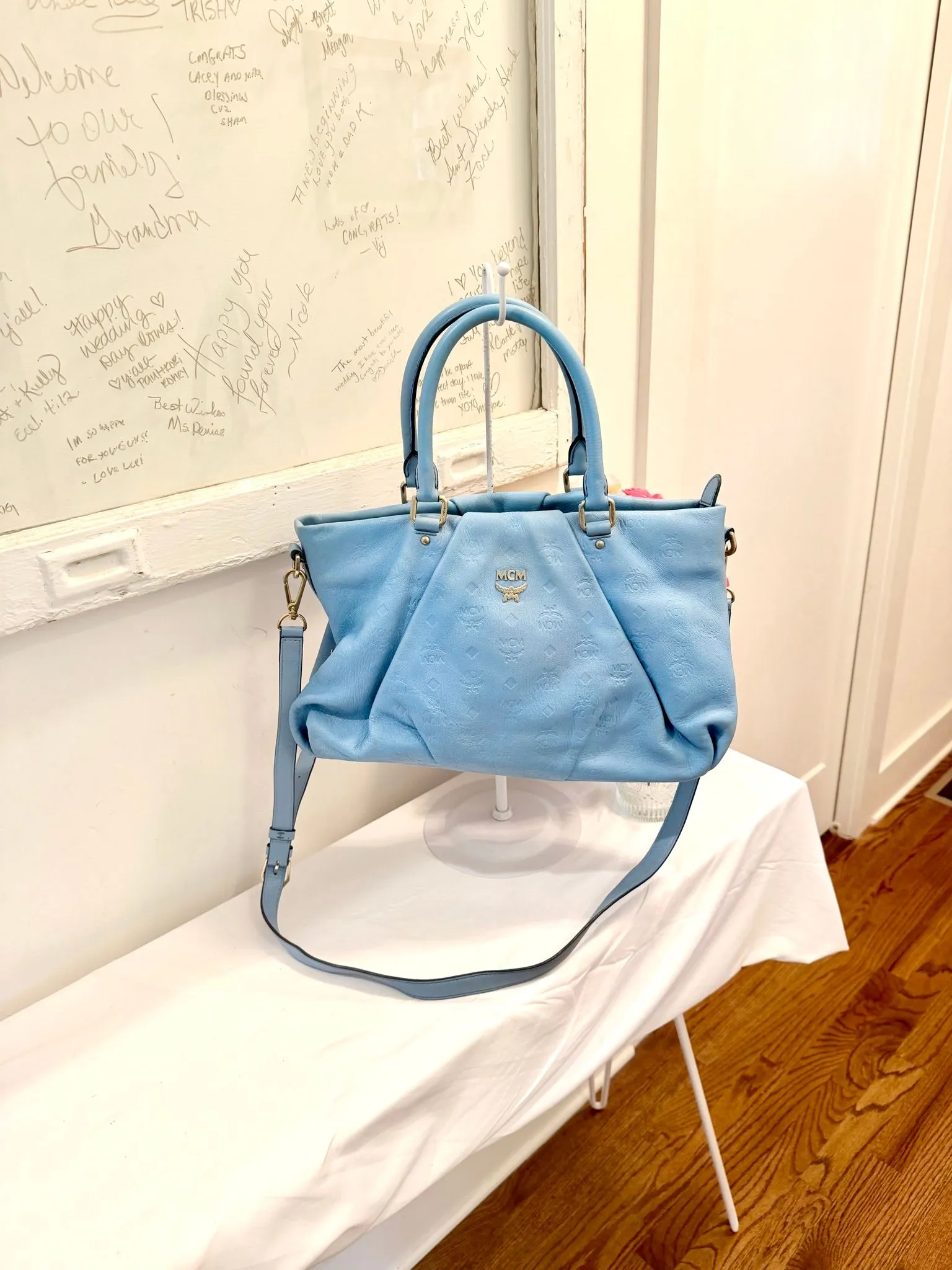 Authenticated Baby Blue MCM Two Way Bag — pre-owned luxury designer bag | LaceLuxx