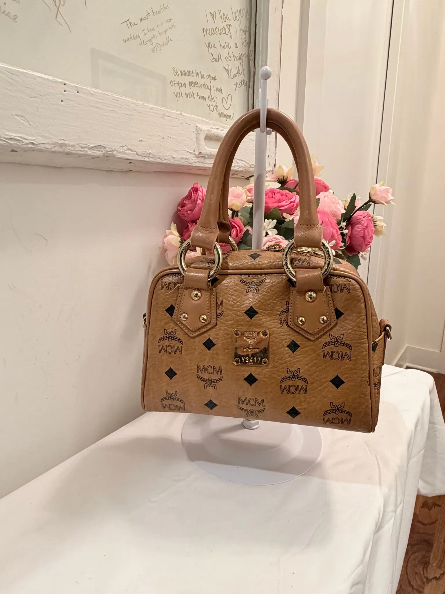 Authenticated Cognac MCM Boston 20 with Gold Hardware — pre-owned luxury designer bag | LaceLuxx