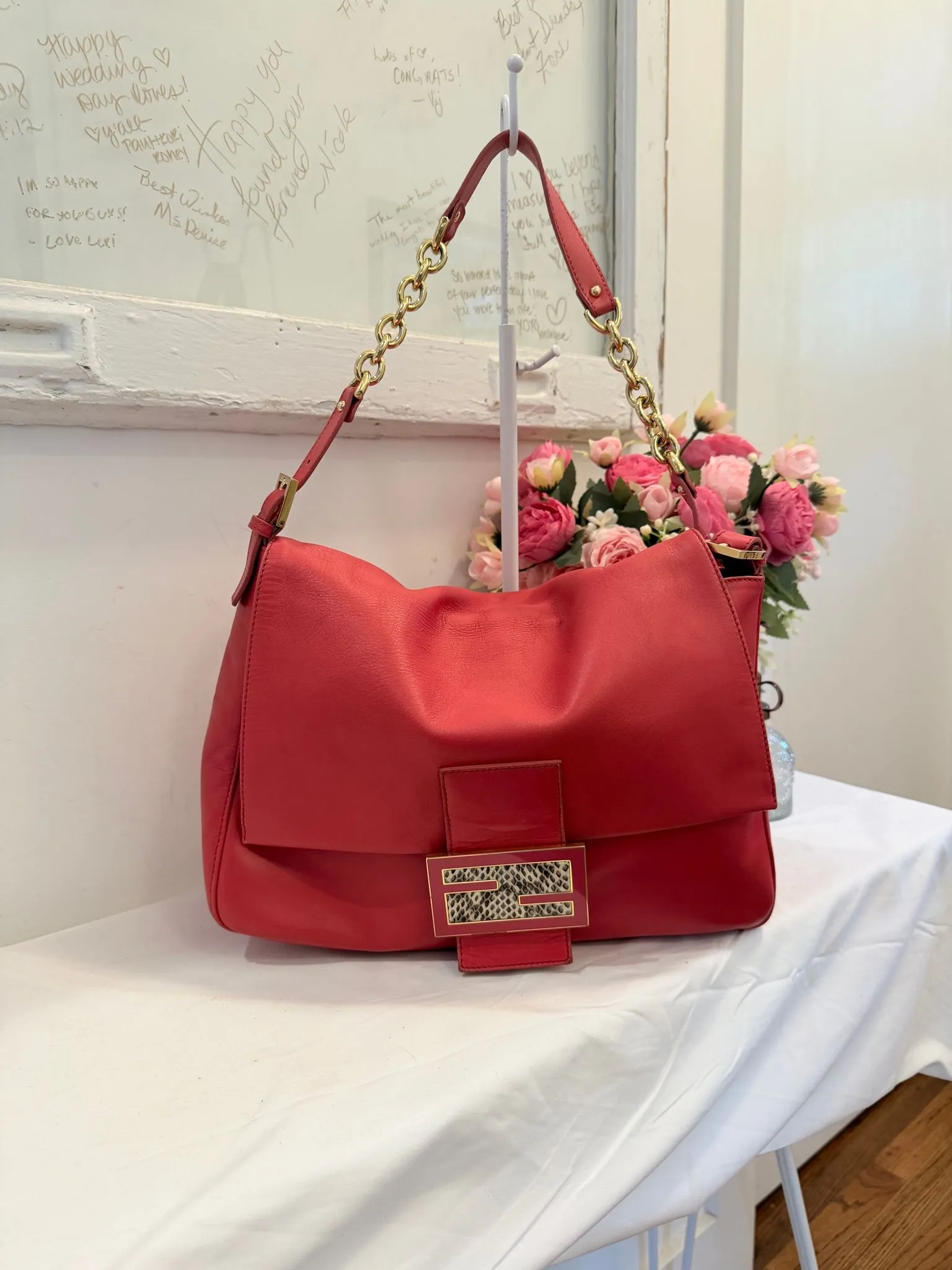 Authenticated Fendi Red Leather Mama Baguette Shoulder Bag — pre-owned luxury designer bag | LaceLuxx