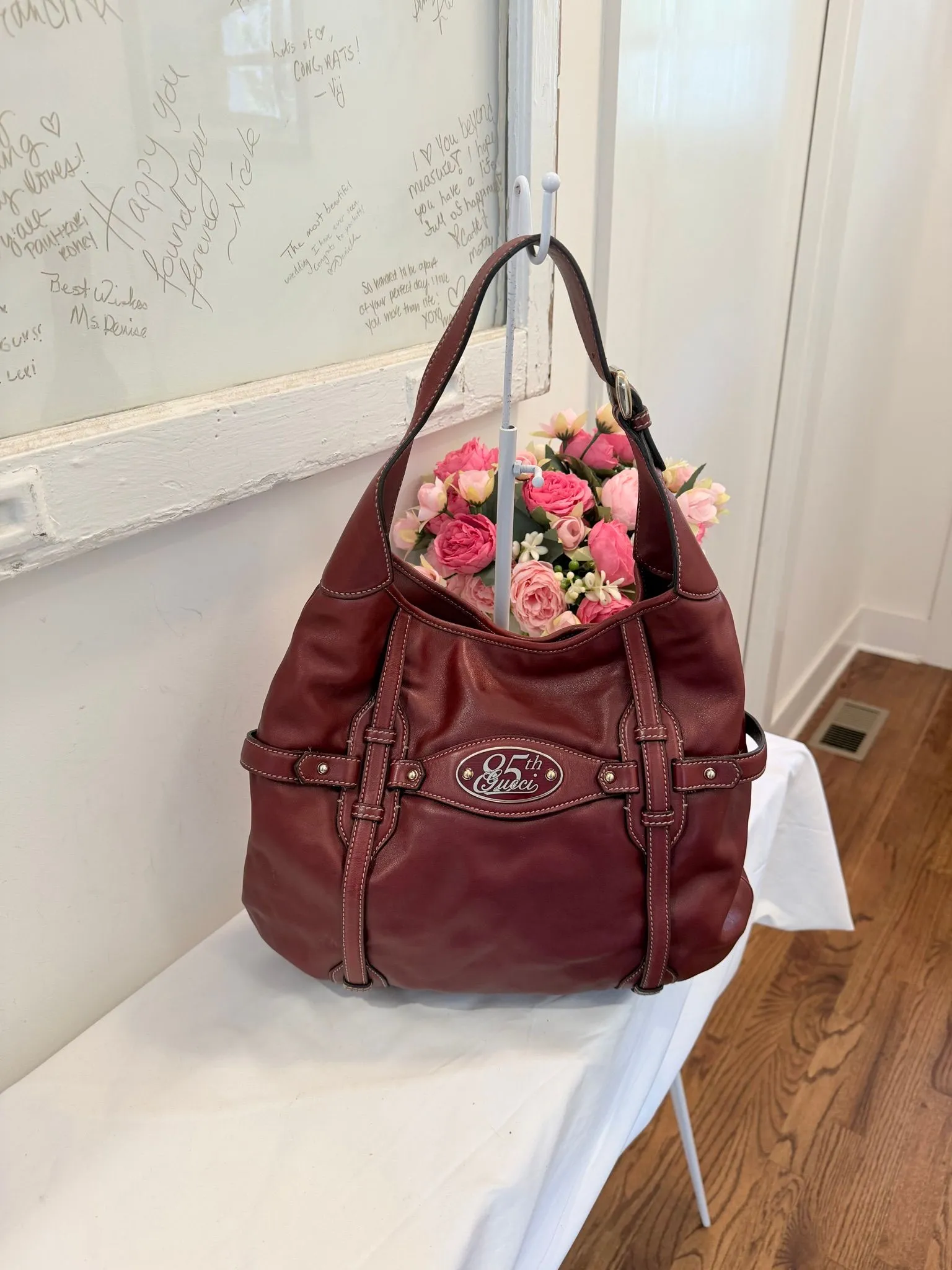 Authenticated Gucci 85th Anniversary Burgundy Leather Hobo Shoulder Bag — pre-owned luxury designer bag | LaceLuxx